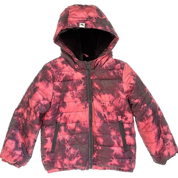 Abercrombie Kids Cozy Pattern Faux Fur Lined Puffer Coat Red Dye Effect 5/6